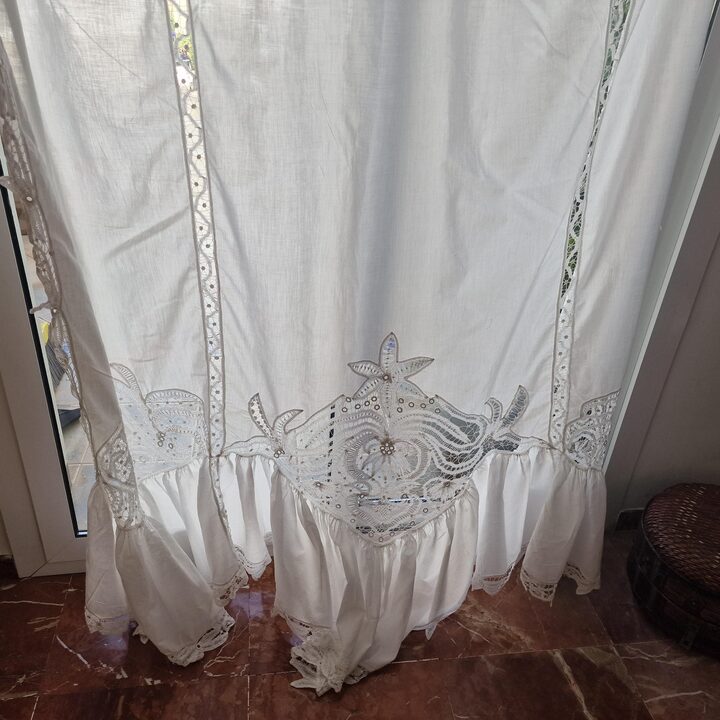 Tenda in Batista Fatta a Mano, Pannello di Pizzo Vintage, Calata Finestra, Cotone Fine Anni 50, Ricamo Merletto ad Ago, Salotto…