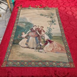 Pair of Large Hand Painted Canvas Panels, Antique Tapestry Style Toiles Peintes, Pastoral Scenes, Early 20th Century Wall Art