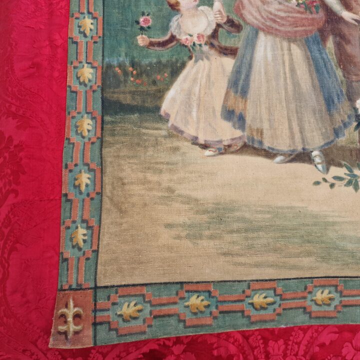 Paar Handgeschilderde Canvas Panelen naar Goya, Antieke Sargas Pintadas Tapijtontwerpen, Las Floreras en La Vendimia, vroege 20…