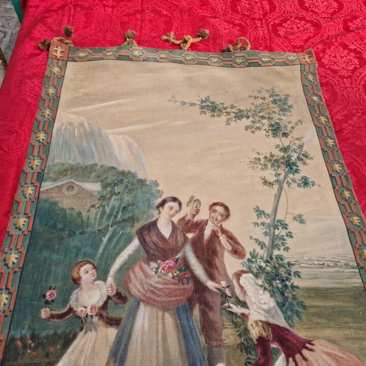 Paar Handgeschilderde Canvas Panelen naar Goya, Antieke Sargas Pintadas Tapijtontwerpen, Las Floreras en La Vendimia, vroege 20…