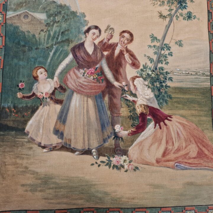 Paar Handgeschilderde Canvas Panelen naar Goya, Antieke Sargas Pintadas Tapijtontwerpen, Las Floreras en La Vendimia, vroege 20…