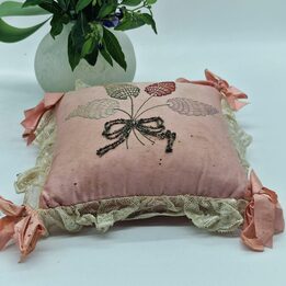 Art Deco Embroidered Silk Pincushion - Antique Pink Sachet with Lace