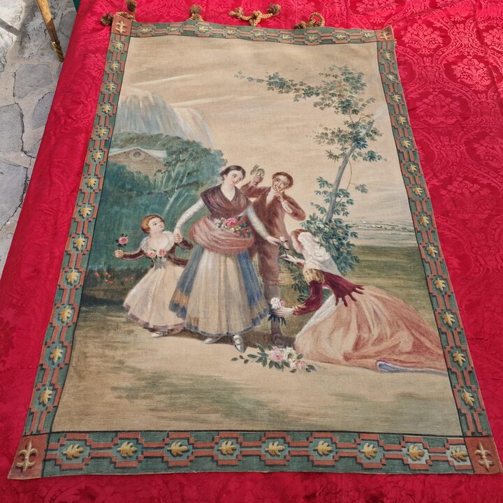 ゴヤの原画による手描きキャンバスパネルのペア、アンティークトワル・ペント、春（花売り）と秋（ブドウ収穫）、20世紀初頭