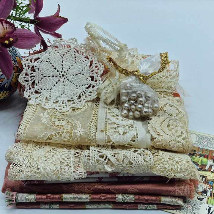 Antique Valencian Silk Lace Slow Stitch Kit Vintage Textile Bundle for Junk Journals,Heirloom Sewing,Bobbin Lace,Dusty Rose & C…