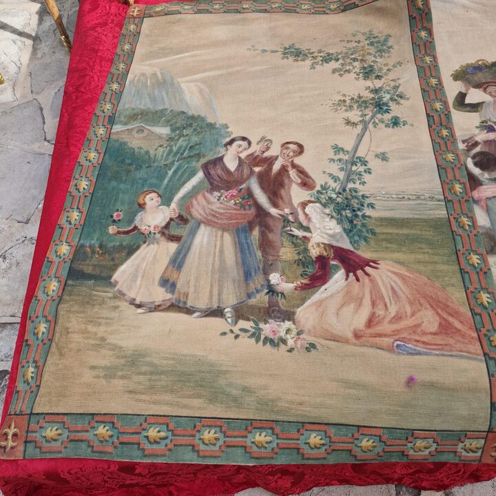 Par de Paineis de Tela Pintados a Mao segundo Goya, Sargas Pintadas Antigas Estilo Tapecaria, Las Floreras e La Vendimia, inici…