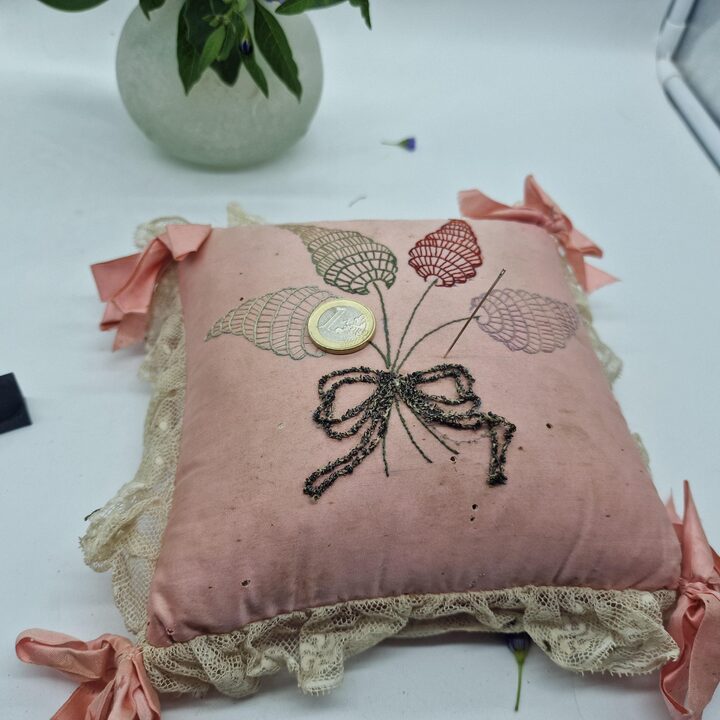 Art Deco Embroidered Silk Pincushion - Antique Pink Sachet with Lace