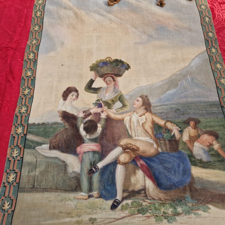 Par de Paineis de Tela Pintados a Mao segundo Goya, Sargas Pintadas Antigas Estilo Tapecaria, Las Floreras e La Vendimia, inici…
