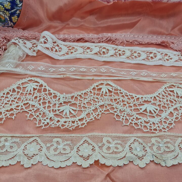 Antique Valencian Silk Lace Slow Stitch Kit Vintage Textile Bundle for Junk Journals,Heirloom Sewing,Bobbin Lace,Dusty Rose & C…