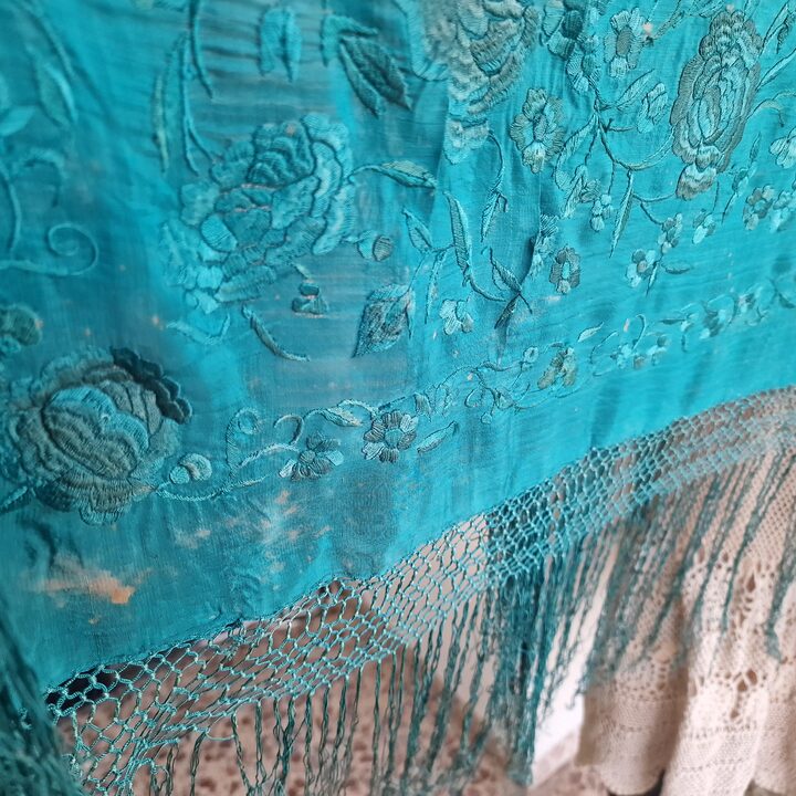 Antique Manton de Manila Isabelino, Spanish Manila Shawl Teal Silk Fabric, Hand Embroidered 19th Century Cutter Shawl for Crafts