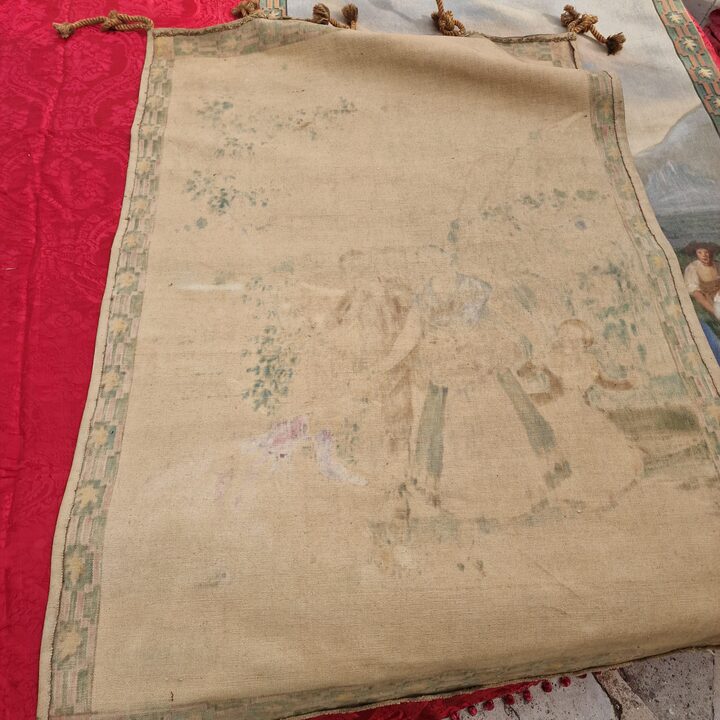 Paar Handgeschilderde Canvas Panelen naar Goya, Antieke Sargas Pintadas Tapijtontwerpen, Las Floreras en La Vendimia, vroege 20…