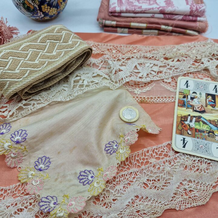 Antique Valencian Silk Lace Slow Stitch Kit Vintage Textile Bundle for Junk Journals,Heirloom Sewing,Bobbin Lace,Dusty Rose & C…