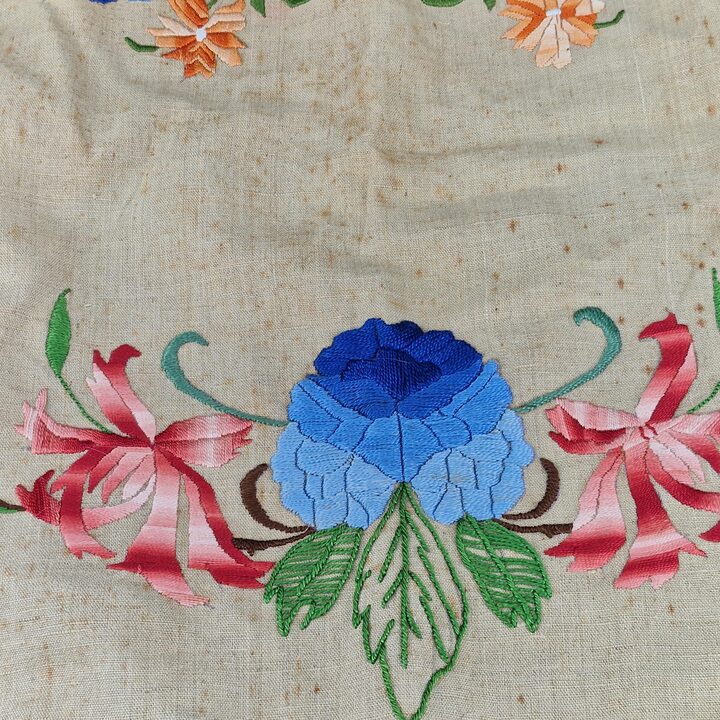Vintage Hand Embroidered Linen Storage Bag for Wardrobe, Floral Satin Stitch Embroidery, Mother of Pearl Button, 1950s Linen Wa…