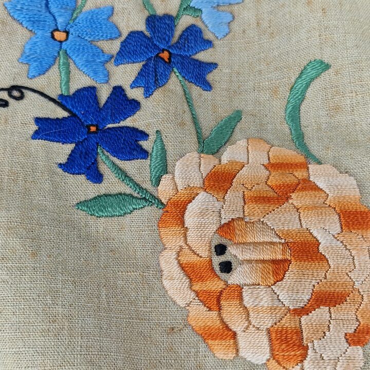 Vintage Hand Embroidered Linen Storage Bag for Wardrobe, Floral Satin Stitch Embroidery, Mother of Pearl Button, 1950s Linen Wa…