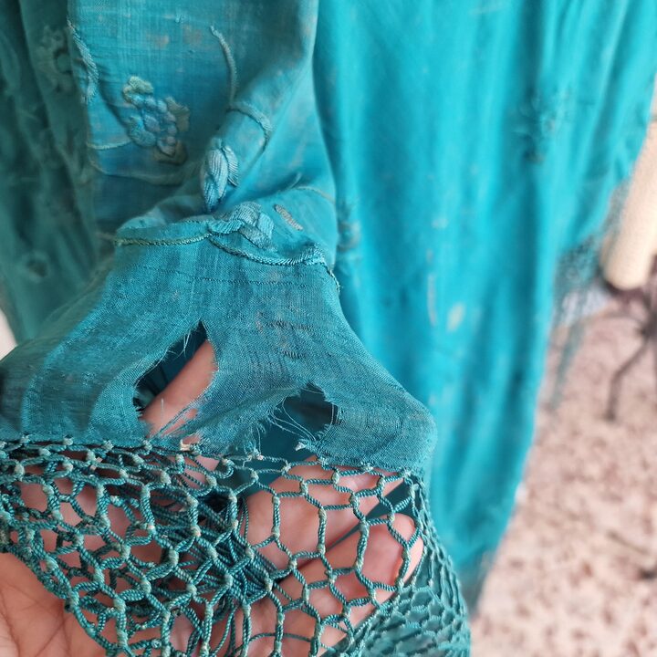 Antique Manton de Manila Isabelino, Spanish Manila Shawl Teal Silk Fabric, Hand Embroidered 19th Century Cutter Shawl for Crafts