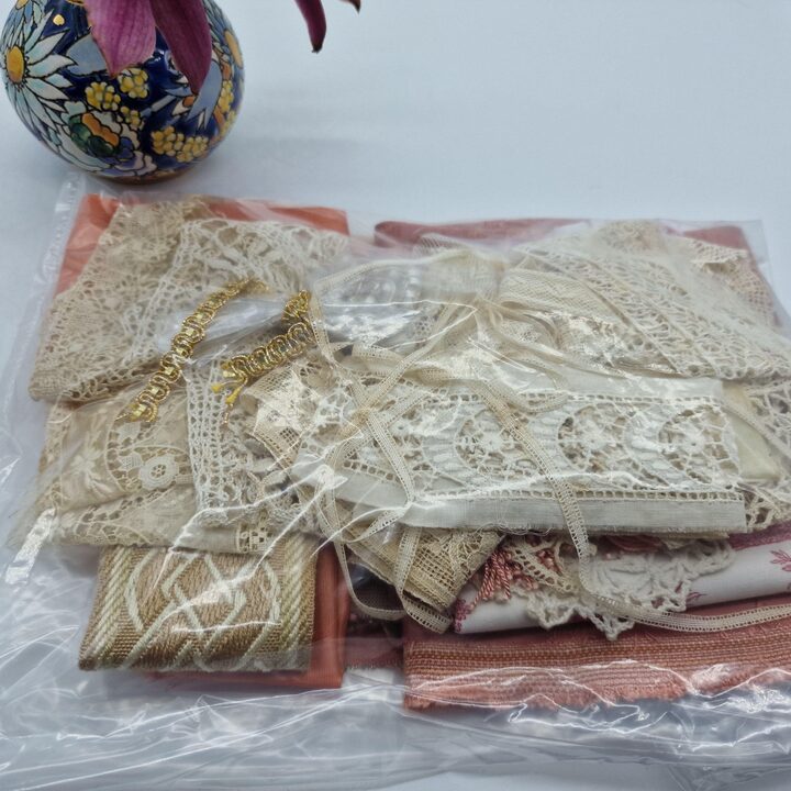 Antique Valencian Silk Lace Slow Stitch Kit Vintage Textile Bundle for Junk Journals,Heirloom Sewing,Bobbin Lace,Dusty Rose & C…