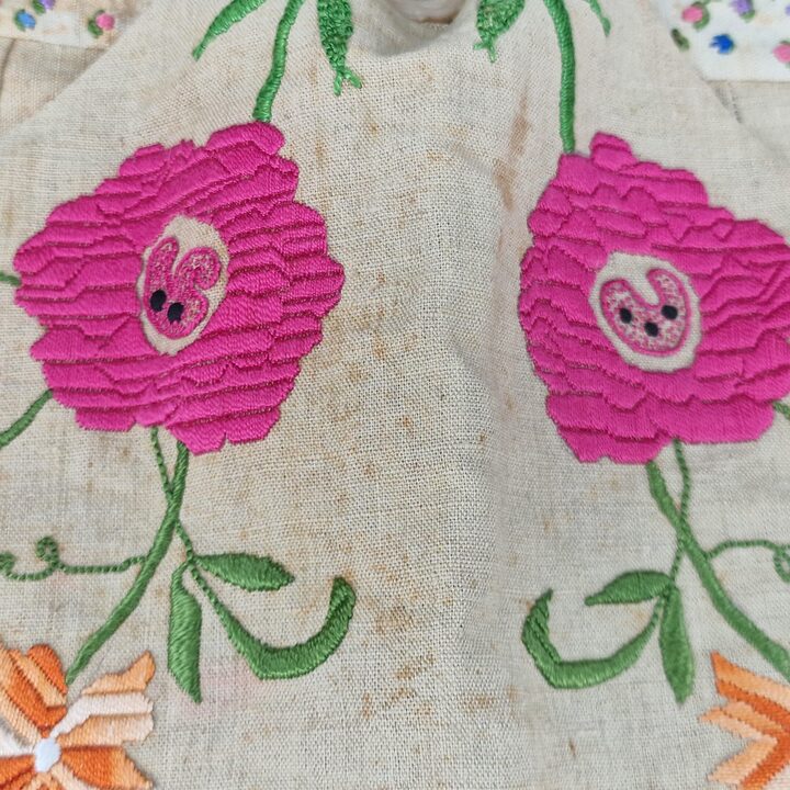 Vintage Hand Embroidered Linen Storage Bag for Wardrobe, Floral Satin Stitch Embroidery, Mother of Pearl Button, 1950s Linen Wa…