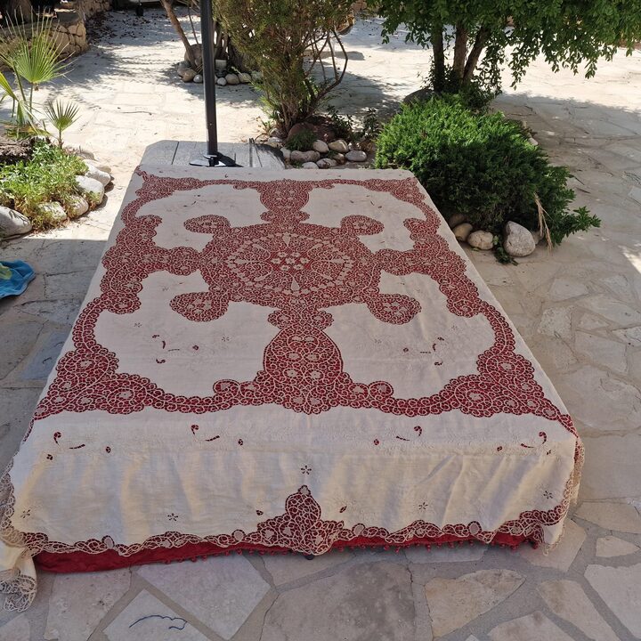 Colcha de Renda Cantu Vintage, Cama de Linho Bordado a Mao de Meados do Seculo, Toalha de Banquete Grande, 230x260 cm