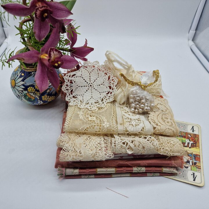 Antique Valencian Silk Lace Slow Stitch Kit Vintage Textile Bundle for Junk Journals,Heirloom Sewing,Bobbin Lace,Dusty Rose & C…