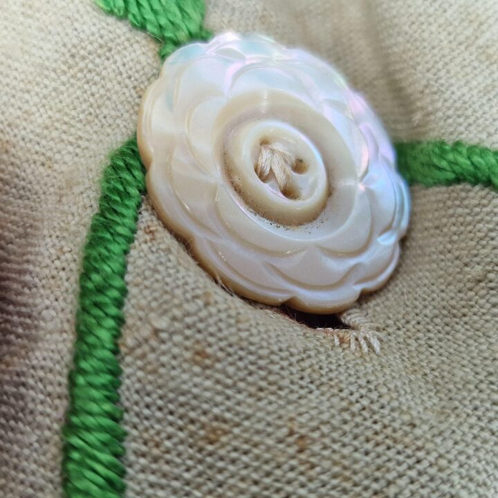 Vintage Hand Embroidered Linen Storage Bag for Wardrobe, Floral Satin Stitch Embroidery, Mother of Pearl Button, 1950s Linen Wa…