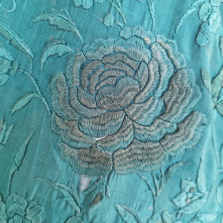 Antique Manton de Manila Isabelino, Spanish Manila Shawl Teal Silk Fabric, Hand Embroidered 19th Century Cutter Shawl for Crafts