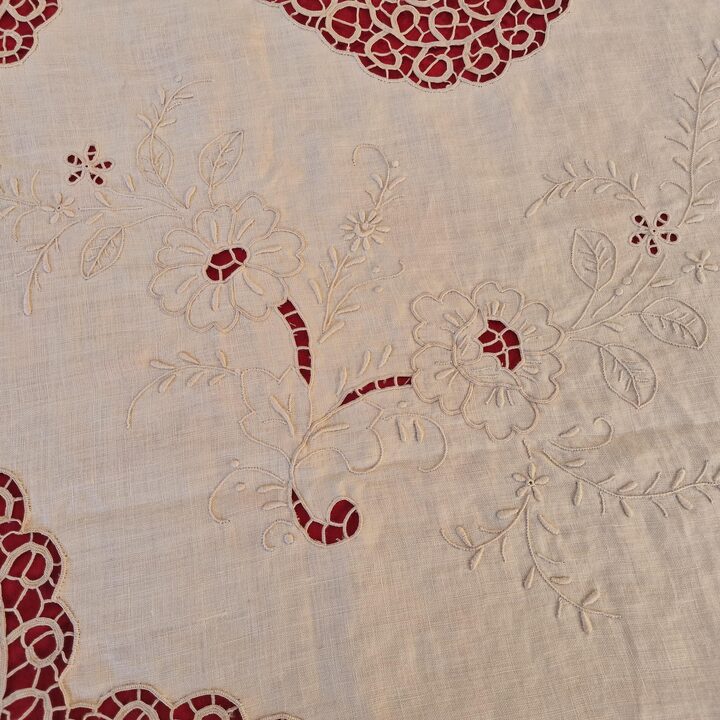 Nappe Dessus de Lit Vintage en Dentelle de Cantu, Couvre Lit en Lin Brode Main de Milieu de Siecle, Grand Drap de Lit, 230x260…