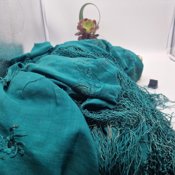 Antique Manton de Manila Isabelino, Spanish Manila Shawl Teal Silk Fabric, Hand Embroidered 19th Century Cutter Shawl for Crafts