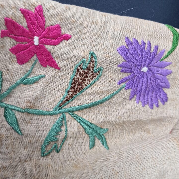 Vintage Hand Embroidered Linen Storage Bag for Wardrobe, Floral Satin Stitch Embroidery, Mother of Pearl Button, 1950s Linen Wa…