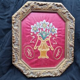 Vintage Hand Embroidery on Red Silk. Goldwork Vase & White Flowers. Octagonal Ornate Gilt Frame. Monograms initials. Spain. 26x…