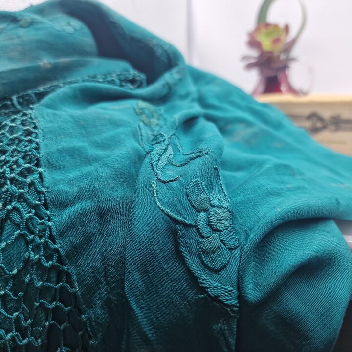 Antique Manton de Manila Isabelino, Spanish Manila Shawl Teal Silk Fabric, Hand Embroidered 19th Century Cutter Shawl for Crafts
