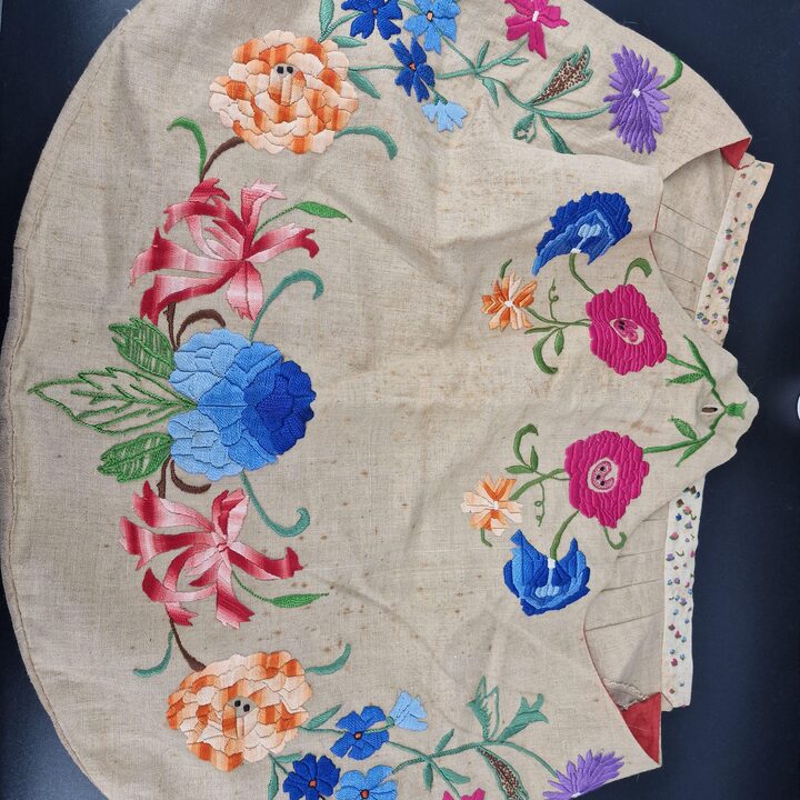 Vintage Hand Embroidered Linen Storage Bag for Wardrobe, Floral Satin Stitch Embroidery, Mother of Pearl Button, 1950s Linen Wa…