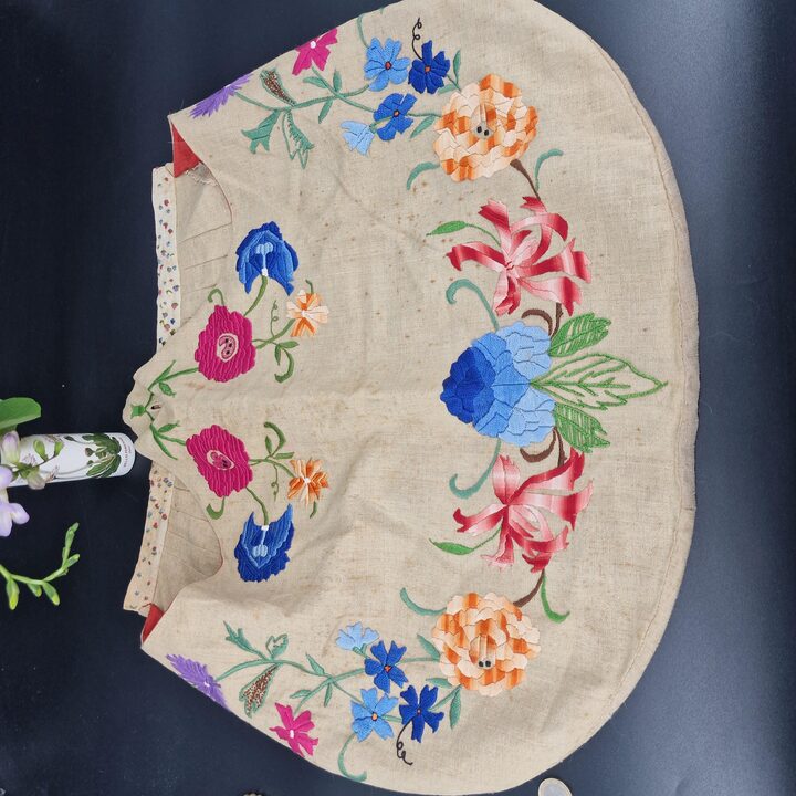 Vintage Hand Embroidered Linen Storage Bag for Wardrobe, Floral Satin Stitch Embroidery, Mother of Pearl Button, 1950s Linen Wa…