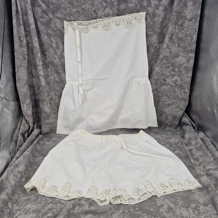 Vintage Art Deco Fijn Katoenen Lingerieset met MQ Monogram & Kant, Jaren 1920