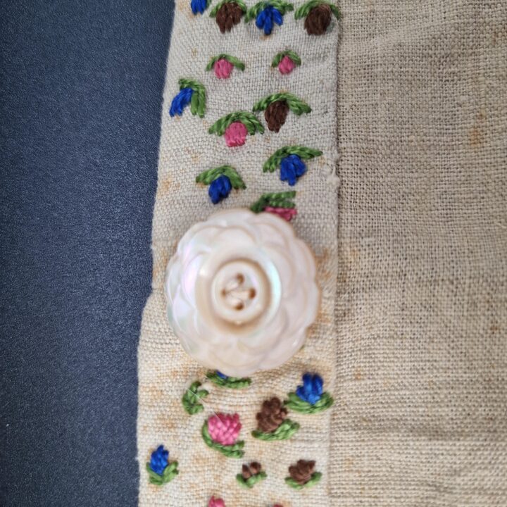Vintage Hand Embroidered Linen Storage Bag for Wardrobe, Floral Satin Stitch Embroidery, Mother of Pearl Button, 1950s Linen Wa…