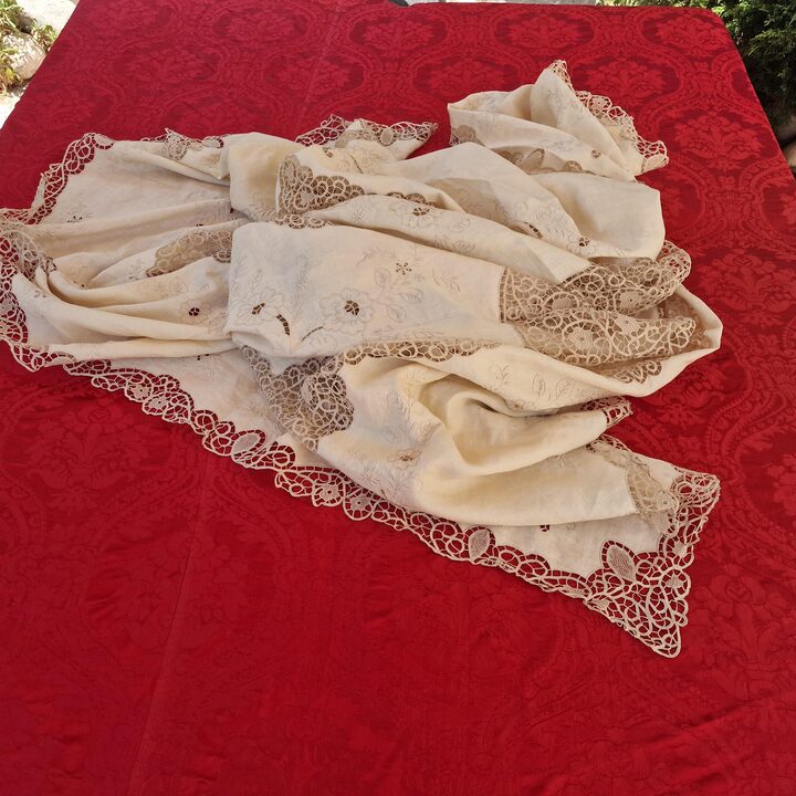 Colcha de Renda Cantu Vintage, Cama de Linho Bordado a Mao de Meados do Seculo, Toalha de Banquete Grande, 230x260 cm