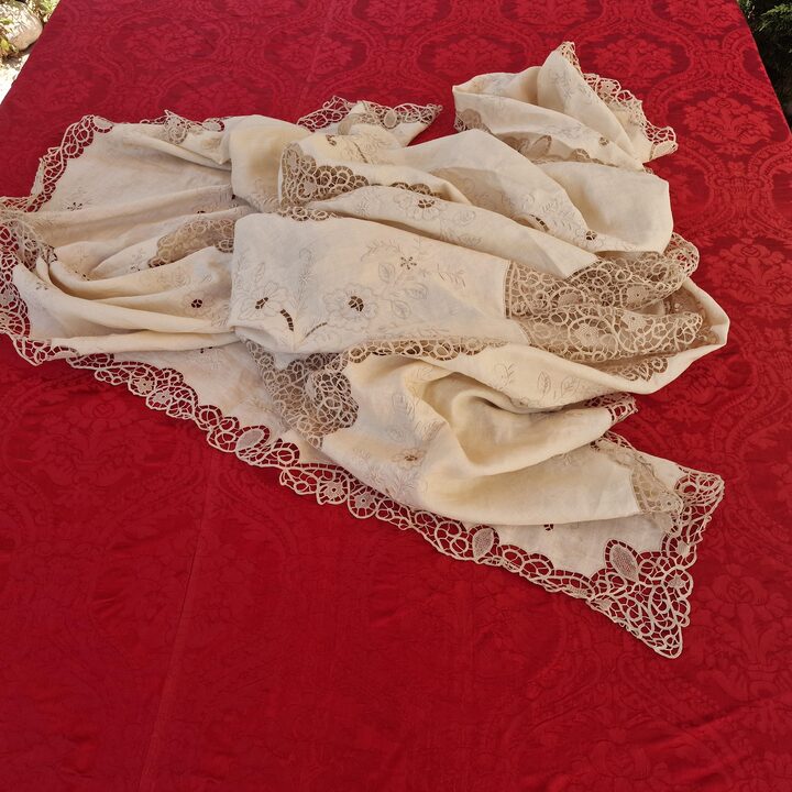 Colcha de Renda Cantu Vintage, Cama de Linho Bordado a Mao de Meados do Seculo, Toalha de Banquete Grande, 230x260 cm