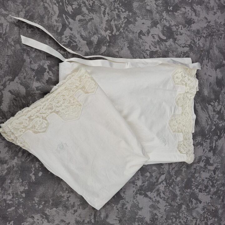 Vintage Art Deco Fijn Katoenen Lingerieset met MQ Monogram & Kant, Jaren 1920