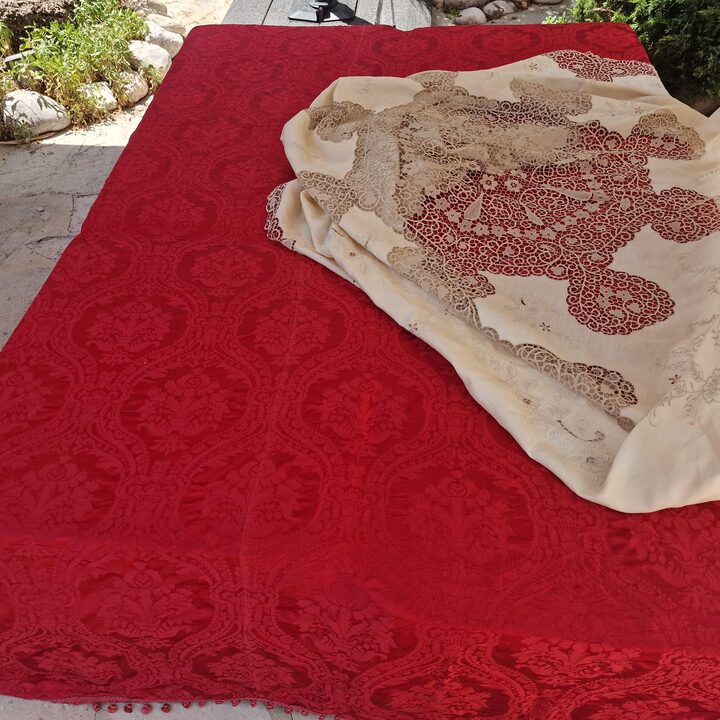Vintage Lace Tablecloth Bedspread Coverlet, Mid Century Hand Embroidered Linen Table Cover, Cantu Needle Lace Bed Cover, 230x26…