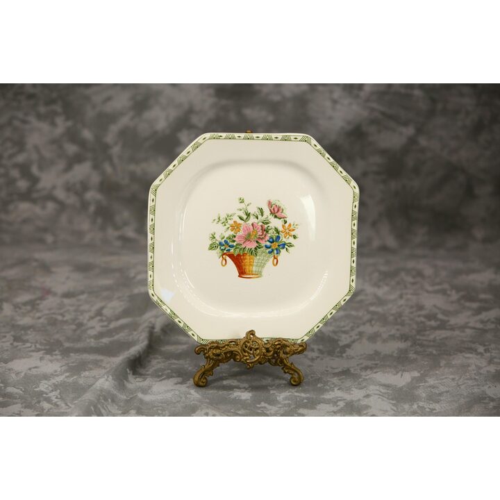 Paar Dessertborden La Cartuja de Sevilla Pickman Cesta de Flores, Set van 2 Achthoekige Spaanse Aardewerk Borden 20cm, Jaren 50