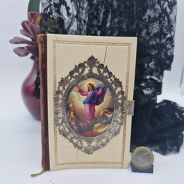 Antikes Gebetbuch, Silbernes Messbuch und Devotionalie, Handgemalte Miniatur, Samteinband, Barcelona, Jahr 1846