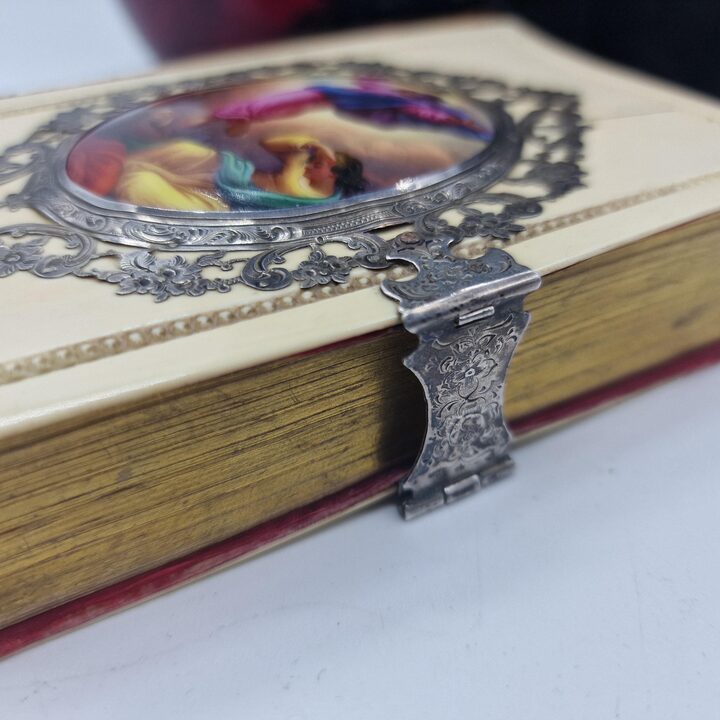 Antyczny Modlitewnik, Srebrny Mszal i Dewocjonalia, Recznie Malowana Miniatura, Aksamitna Oprawa, Barcelona, Rok 1846