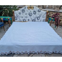 Couvre Lit Jacquard Blanc Ancien, Couverture Matelassee en Coton avec Dentelle aux Fuseaux Main, 200x240 cm, Textile du XIXeme…