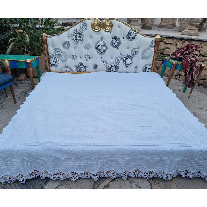 Antique White Jacquard Bedspread Coverlet, Cotton Matelasse Bedcover with Handmade Bobbin Lace, 200x240 cm, Late 19th Century T…
