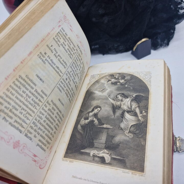 Antyczny Modlitewnik, Srebrny Mszal i Dewocjonalia, Recznie Malowana Miniatura, Aksamitna Oprawa, Barcelona, Rok 1846