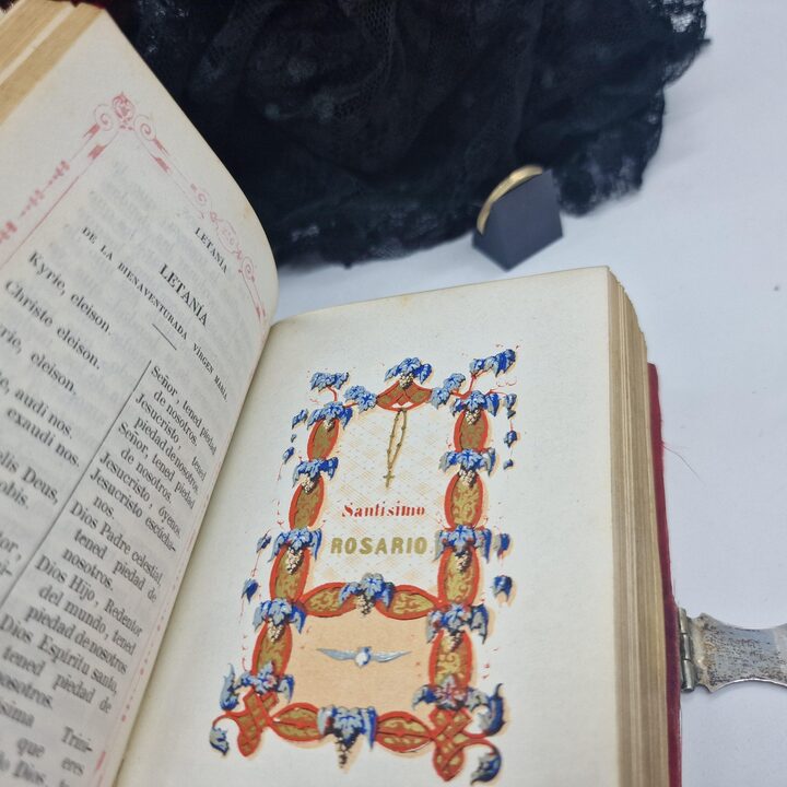 Antyczny Modlitewnik, Srebrny Mszal i Dewocjonalia, Recznie Malowana Miniatura, Aksamitna Oprawa, Barcelona, Rok 1846