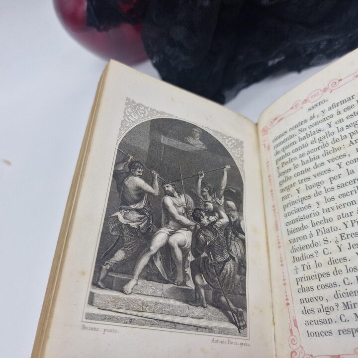 Libro di Preghiere Antico, Messale e Devozionale in Argento, Miniatura Dipinta a Mano, Rilegatura in Velluto, Barcellona, Anno…
