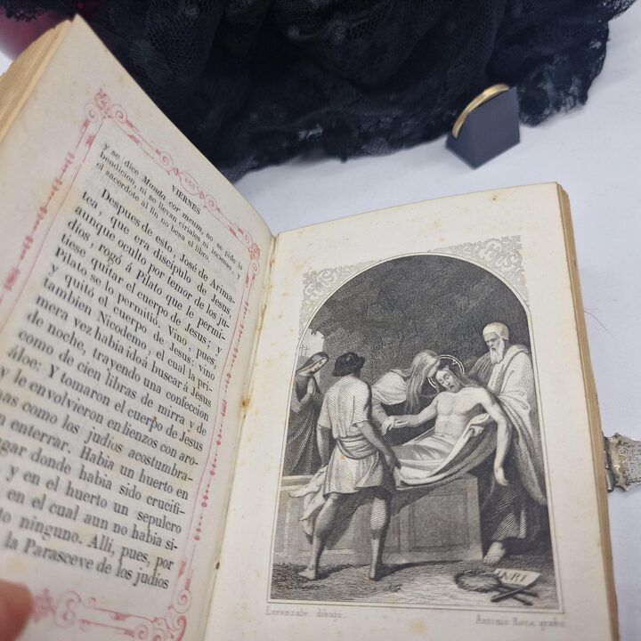 Antyczny Modlitewnik, Srebrny Mszal i Dewocjonalia, Recznie Malowana Miniatura, Aksamitna Oprawa, Barcelona, Rok 1846