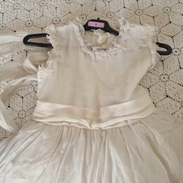 Sukienka Komunijna Vintage Dziewczęca Wizytowa Lata 1980 Szyta w Atelier Organza Biała Koronka Plisowana Rozmiar 8 Lat 128 cm