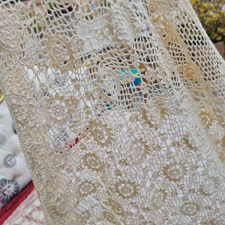 Handmade Crochet Bedspread, Vintage 1950s Ivory Lace Coverlet, All Cotton Hand Crocheted Blanket, Chinese Needlework, 96 x 110…