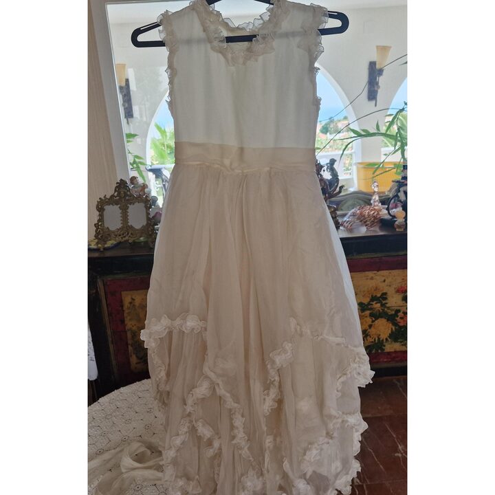 Vestido Vintage de Primera Comunión Traje Ceremonia Niña Años 1980 Hecho a Mano en Atelier Organza Encaje Blanco Plisado Talla…