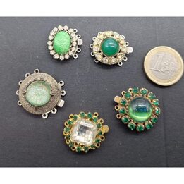 Set of 5 Unique Vintage Statement Box Clasps - Rare Artisan Jewelry Findings - Emerald Green, Iridescent Art Glass & Rhinestone…